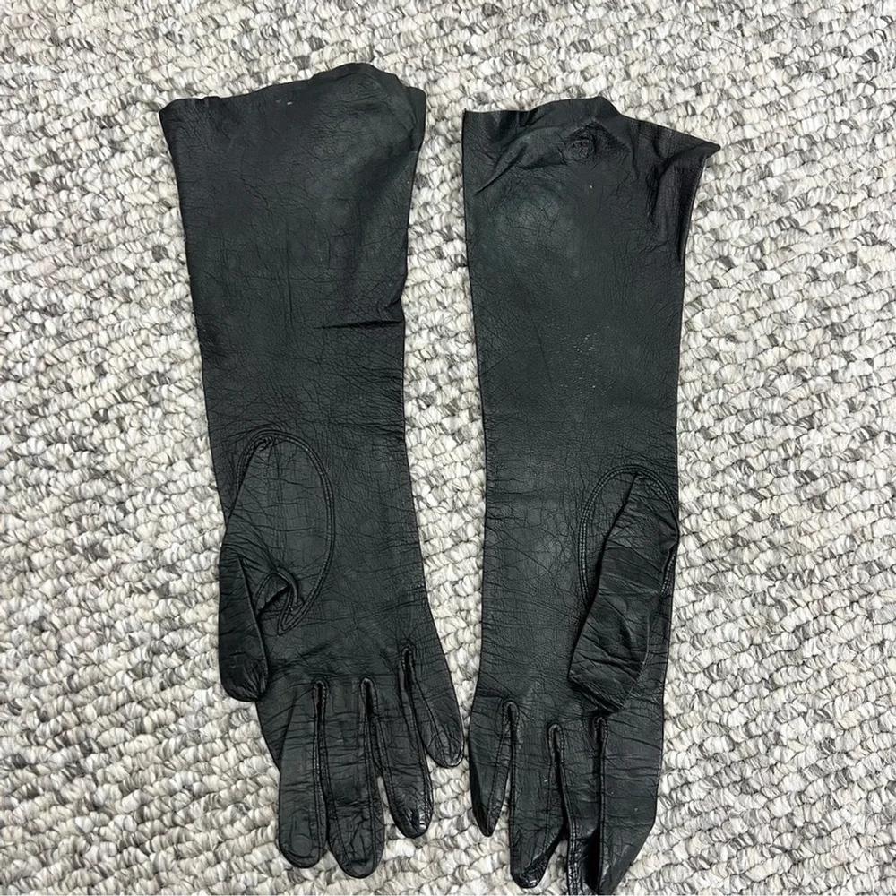 Vintage Made in France kid leather long black 13 inch gloves 6